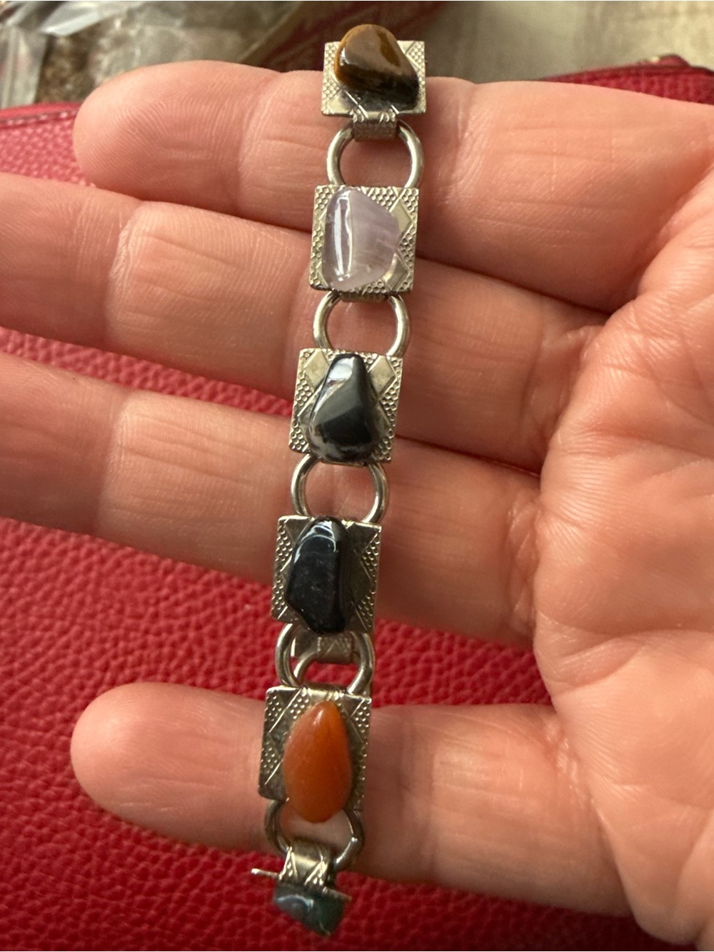 Source Unknown Silver-Tone Bracelet with Brown, Black, Orange & Purple Stones